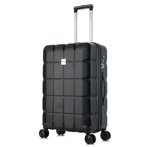 ATX Luggage Medium Suitcase on 4 Dual Spinner Wheels Super Lightweight ABS Hard Shell Hold Check in with Built-in TSA Lock (Black, 65Liters)