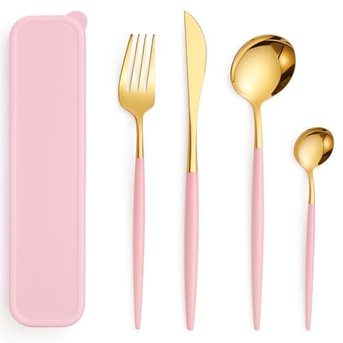 4pcs Stainless Steel Cutlery Set with Case - Travel Flatware for Lunch, Camping, School, Picnic, Workplace - Fork, Knife, Spoon Included (Pink)