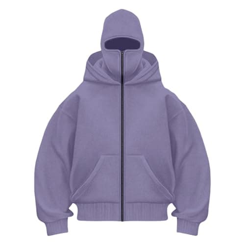Balaclava Hoodie with Mask Built In Balaclava Full Zipper Double Hooded Coat Oversized Wind Resistant Warm Travel Hoodie with Face Mask Built In Winter Windproof Streetwear Workout Sweatshirt Purple