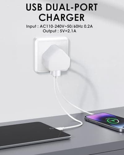 Pack of 3 Dual Port USB Plug UK Charger Compact Dual Port Mains Adapter 5V/2.1A Multi USB Fast Wall Charging with Smart IC Technology for iPhone 15 14 13 12 11 XS XR X 8 7 6, iPad, Samsung, Huawei etc — view 4