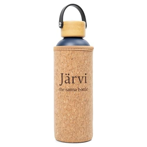Jarvi The Sauna Bottle - Icy Cold Water & Cool to Touch even in Hot Saunas - Natural Cork x Neoprene Outer Layer - Double Wall Insulated Steel Bottle (Deep Blue, Medium - 25 oz / 750ml)
