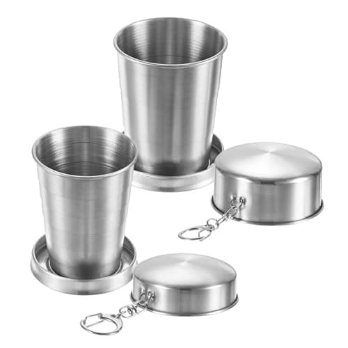 M METERXITY 2 Pack Stainless Steel Collapsible Travel Cup, 2.4/5oz Reusable Collapsible Metal Cup Portable Foldable Water Bottle with Lid and Keychain for Travel/Camping/Hiking