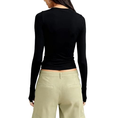 OYIWINMI Womens Long Sleeve Basic Tops Crew Neck Thermal Shirts Stretch Fitted Underscrubs Layer Tee Black XXS-L — view 4