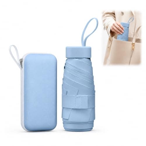 WHJYCC Mini Travel Umbrella, UPF 50+, 6-Rib, Sky Blue, with Zip Case