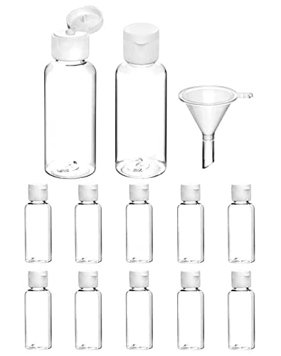 QWORK® 12 Pack 50ml Travel Bottles, Travel Bottles for toiletries, Transparent, with Small Funnel for Shampoo, Shower Gel, Lotion, Makeup Remover