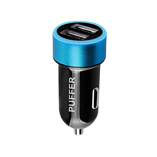 PUFFER Car Charger, Compact Dual USB 24W Fast Charging Compatible Adapter with Blue LED, for iPhone 15/14/13/12/XR/XS, iPad, Samsung Galaxy, LG – 12V Cigarette Lighter Socket