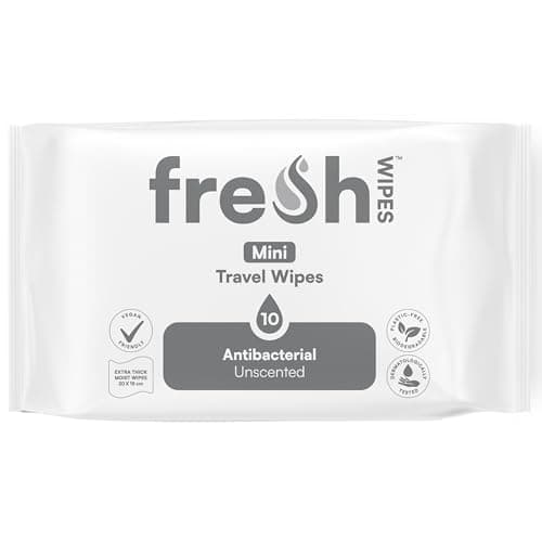FreshWipes Mini Antibacterial Body Wipes for Adults 1 Pack (10 Wipes) - Biodegradable Wet-Wipes - Dermatologically Tested & Suitable for the Elderly or Disabled - Great for Camping (Unscented)