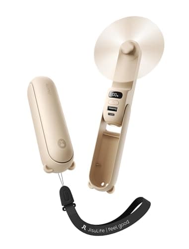 JISULIFE Portable Handheld Fan, 3 In 1-Fan, Power Bank, Flashlight, Brown