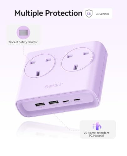 ORICO Flat Extension Lead with USB Slots, 2 Way Socket Outlets with 4 USB Ports(2 USB C & 2 USB A), 1.6m Extension Cord, Desk Power Strip for Travel, Office, Home (Purple) — view 4