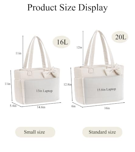 CTWWFS Puffer Tote Bag for Women, Quilted Bow Tote Bag with Cup Holder & 15.6 In Laptop Compartment for Work, Travel, Gym, College (Beige) — view 3