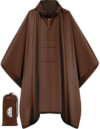 Bruvoalon 3-in-1 Rain Poncho with 1/4 Zip & Chest Pocket, Waterproof, Sunshade, Ground Mat for Adults & Youth Emergency, Brown, M