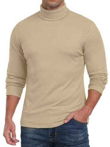 QIXING Men's Thermal Turtleneck Top, Long Sleeve Base Layer, Khaki, M