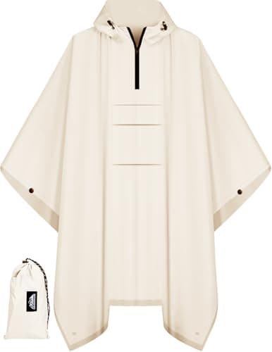 Bruvoalon 3-in-1 Rain Poncho with 1/4 Zip & Chest Pocket, Waterproof, Sunshade, Ground Mat for Adults & Youth Emergency, Beige, M