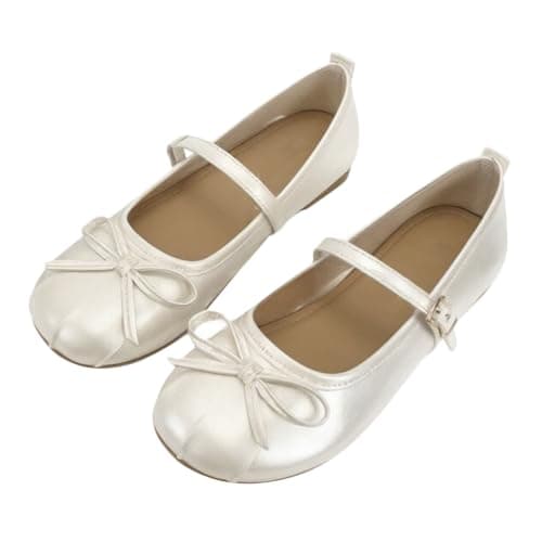 UK 4 Ballet Flats for Women Closed Round Toe Low Heel Mary Jane Flats with Bow Buckle Strap Shinny Daily Comfy Flat Dress Shoes Cream