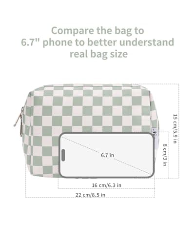Large Makeup Bag Zipper Pouch Travel Cosmetic Organizer for Women (Mint Green Checkerboard, Large) — view 5