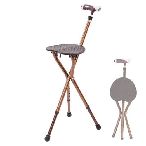 Walking Stick with Seat, Portable Folding Walking Cane with LED Light, Non-slip Rubber Base, 5 Gears Adjustable Height, Max. 330 lbs, 3 Legged Shooting Stick for Seniors Travel Hiking