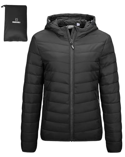 Outdoor Ventures Women's Winter Lightweight Puffer Jacket with Hood, Warm, Short, Packable, Quilted, Transitional, Padded Jacket for Ladies, Lined for Hiking, Travel Black S