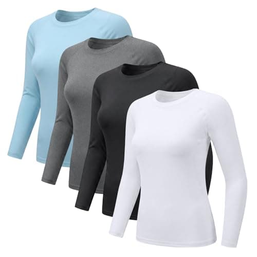 NuCamper 4 Pack Thermal Tops Womens Long Sleeve Shirt Round Neck Soft Thermal Underwear Breathable Compression Base Layer Shirts Casual Slim Fitted Lightweight Ladies Thermals T Shirt for Running