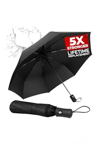 Windproof Travel Umbrella - Compact, Light, Full Automatic Open/Close - Folding Backpack Umbrella for Rain & Sun UV Preotection For Men & Women, Unbreakable 8 Fiberglass Ribs UK Design (Black)