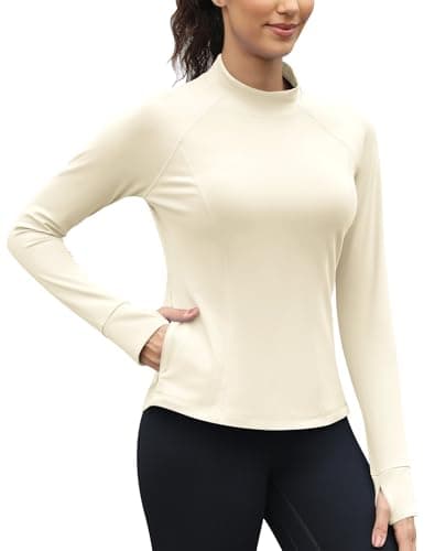 IECCP Women's Workout Tops Long Sleeve Undershirt Thermal Fleece Warm Hiking Ski Base Layer Shirts with Thumb Holes and Pockets M Apricot