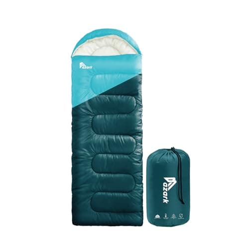 azark Premium Lightweight Sleeping Bag for Adults & Kids, 400 GSM, 4 Season Waterproof Sleeping Bag, Comfortable & Portable, Machine Washable, Camping & Hiking Essential (Light blue/Dark Blue)
