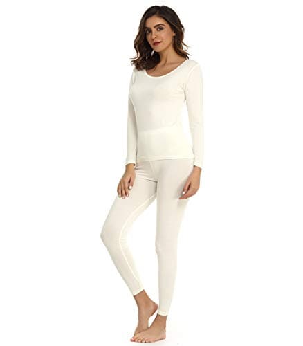 Mcilia Women's Ultrathin Modal Round Neck Thermal Underwear Set Off-White