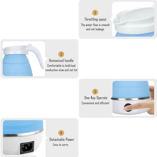 Foldable Electric Travel Kettle,600ml Portable Kettle Silicone Collapsible Heating Water Boiler Tea Pot for Camping,Easy for Storage with Separable Power Cord (Blue) — view 4