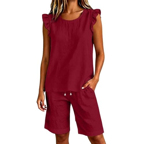 Burgundy Lounge Sets for Women UK Soft Cotton Linen Sleeveless Tank Top & Drawstring Shorts Co Ord Casual Holiday Travel Outfits Loose Fit Tracksuit Fashion 2026 for Running Walking Yoga Size 12 — view 3
