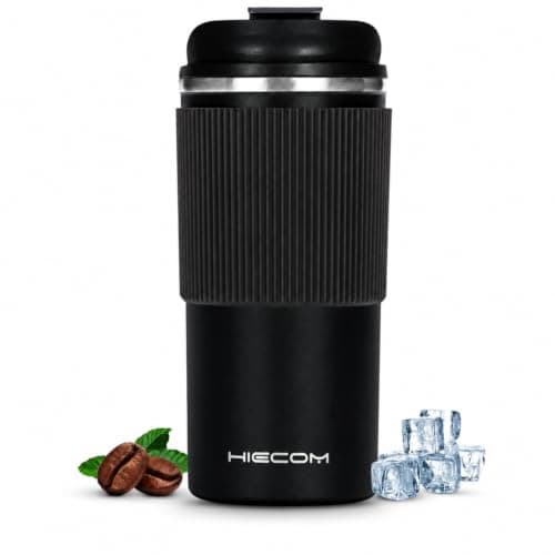 Hiecom Coffee Cup Travel Mug in Black – Vacuum Insulated Travel Mug | Leakproof Thermal Coffee Cup with Double-Wall Stainless Steel, Non-Slip Silicone Grip for Hot and Cold Beverages – 500ml