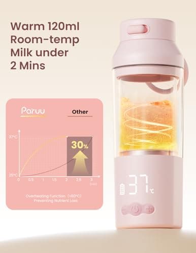 Paruu Portable Bottle Warmer for Breast Milk & Water, Rapid Heating in 2 Minutes, 7-Temp Control, Large 12oz Capacity, Ideal Gifts for New Parents, Pink — view 3