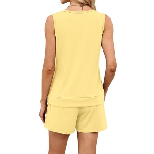 Coord Sets for Women UK Yellow Square Neck Vest Tops and Wide Leg Shorts 2 Piece Travel Airport Outfits Casual Pyjamas Loungewear Leisure Suits Activewear Streetwear UK 12 — view 4