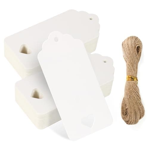 FOMGIIN Kraft Paper Gift Tags, 50 Pcs White for Crafts, Easter, Christmas, Lovely Labels, Heart Wedding Hollow Favour Name Tag With 30M Jute Twine String