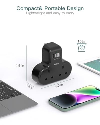 Addtam PD 20W Double Plug Extension, 2-Way Multi Socket Adapter with 3 USB — view 6