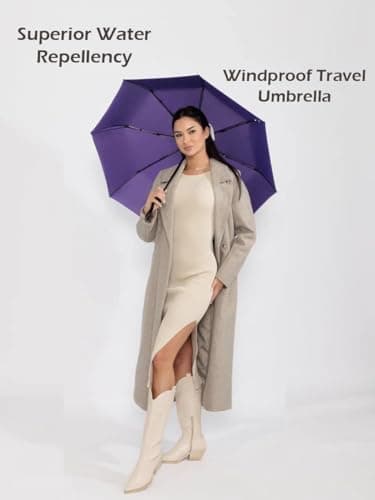 Windproof Travel Umbrella - Compact, Light, Full Automatic Open/Close - Folding Backpack Umbrella for Rain & Sun UV Preotection For Men & Women, Unbreakable 8 Fiberglass Ribs UK Design (Purple) — view 5