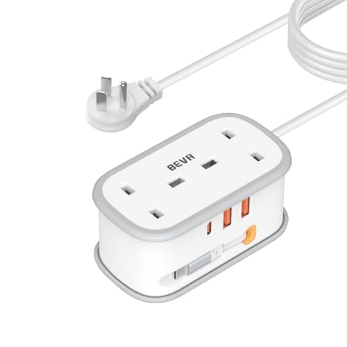 UK to US Plug Adapter with 1.5M Extension Cable, BEVA 2 Way 3 USB (2A+1C) Travel Adapter with Retractable USB C Cable for American, Thailand, Canada, Mexico, Type B