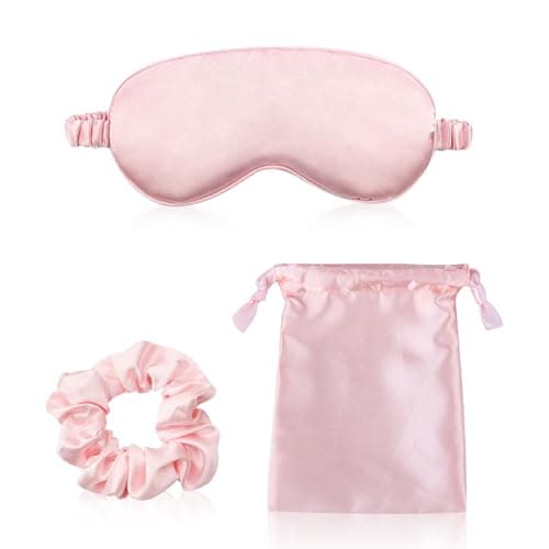 Silk Eye Mask for Sleeping, 3 Pcs Sleep Mask Set Super Soft Eye Masks Silk Sleep Eye Mask with Hair Scrunchie and Travel Pouch for Women Girls (Pink)