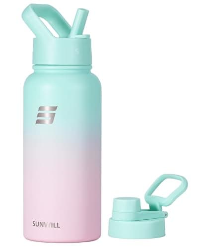 SUNWILL Metal Water Bottle 1l Stainless Steel, Insulated Leakproof Thermal Flask with Straw and 2 Lids for Cold and Hot Drink, Running, Sports, Gym, Travel, Gradiant Mint Sakura