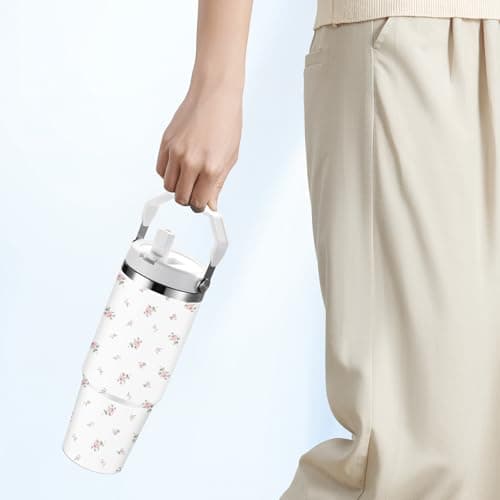 FOLAI Leakproof Flip Water Tumbler,30oz Stainless Steel Hot and Cold Water Bottle with Ergonomic Handle and Straw Keeps Cold For 12+ Hours,Ideal for Gym,Car,Beach-Easy to Carry Travel Mug(Floral) — view 4