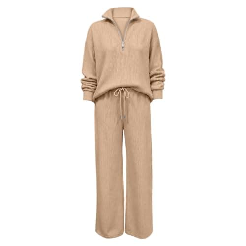 Tracksuit Womens Full Set 2 Piece Lounge Wear Sets Ladies Long Sleeve Half Zip Tops and Jogging Bottoms Comfort Activewear Sets Fashion Casual Thermal Autumn Winter Outfits Khaki M — view 5
