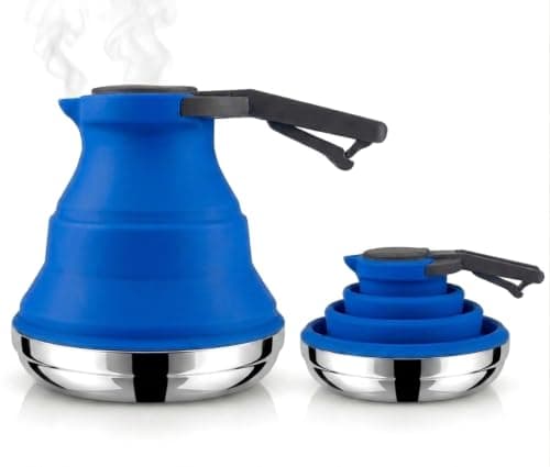Heather UK Collapsible Kettle Camping Foldable Camping Kettles 1.5L Silicone and Aluminium Gas Stove Top Folding Portable Travel Kettle for Holiday Caravan Large Blue