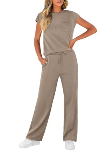 WIHOLL 2 Piece outfits Women fashion lounge wear sets for women uk Casual Summer Travel Vacation Outfits Cap Sleeve Wide Pants Coffee M — view 2
