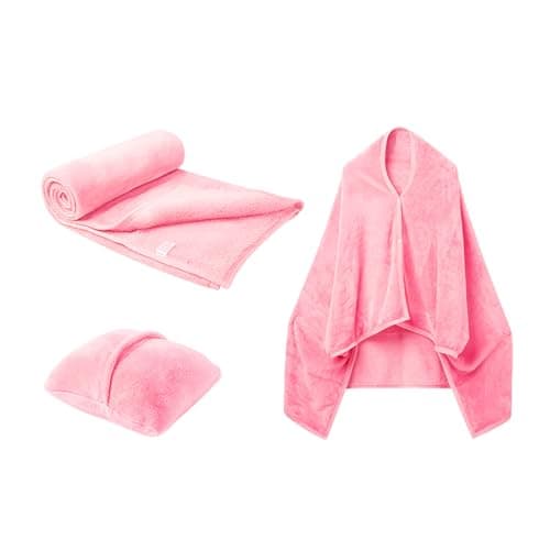 Travel Blanket and Pillow, Premium Soft 2-in-1 Folding Travel Blanket, Multifunctional Shawlable Flannel Poncho Blanket, Car Blanket for Women, Men (Pink)