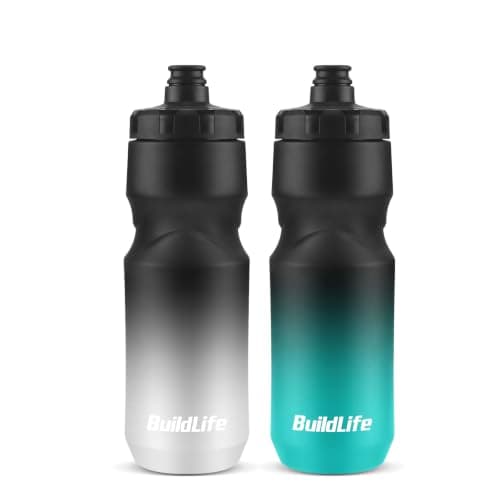 BuildLife 2 Pack Sports Water Bottle, 710ML Squeeze Water Bottle, Biking Water Bottles, BPA Free & Leakproof Cycling Bottles for Hiking, Outdoor Sports Dishwasher Safe (BlackBlue+BlackWhite)