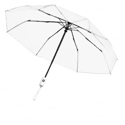PAXQNVTR Compact Clear Umbrella, Auto Open Close Folding, Transparent, 8 Rib Tri Fold, Travel Rain Umbrella for Women and Men, White Trim (White)