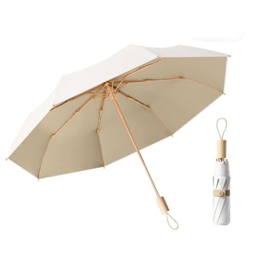 LCY Folding Umbrella Anti-UV Parasol with Wooden Handle Sunproof Rainproof & Windproof Umbrella-White&Khaki
