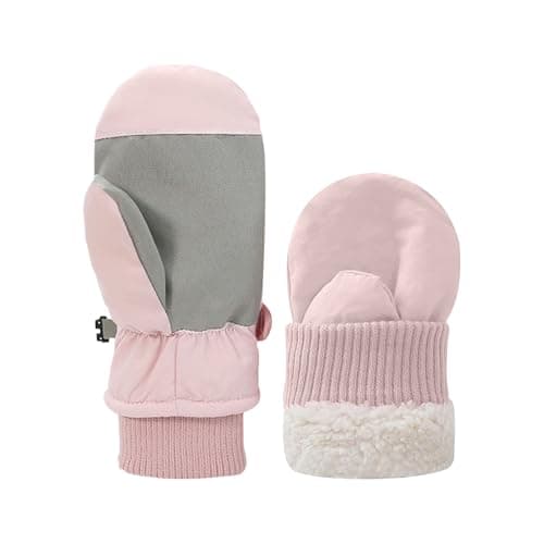 Fjquamitix Kids Winter Ski Mittens, Waterproof Mittens Kids, Warm Fleece Lined Toddler Ski Gloves Age 2-8 Boys Girls For Winter Outdoor (Pink, L)