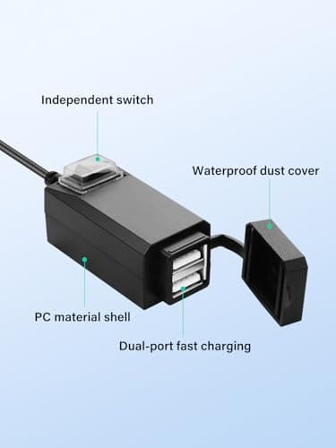PNGKNYOCN Motorcycle USB Charger, 3.1A Dual USB Motorcycle Waterproof Charger with Switch for Phone, Tablet, GPS, etc(1.2M) — view 2