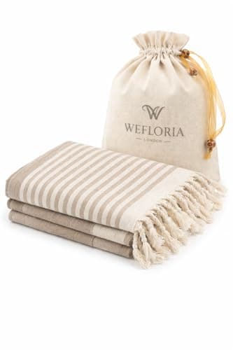 WEFLORIA Turkish Peshtemal Towel – Lightweight Quick Dry Beach & Spa Towel, Oversized Cotton Hammam Towel with Tassels – Travel, Pool, Bath, Sauna – Blue/Beige/Orange (beige) — view 2