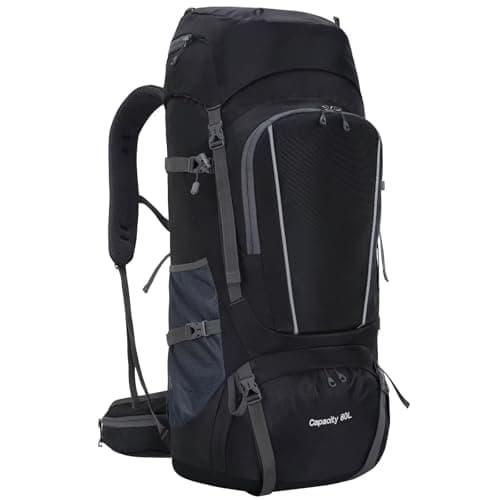 Ezmina 80L Hiking Backpack with Rain Cover Large Camping Rucksack for Men Women Lightweight Travel Backpacking Waterproof Trekking Bag Hiker Daypack for Touring Climbing Outdoor Sport Mountaineering
