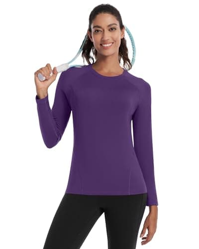 Runhit Thermal Tops Womens Long Sleeve Fleece Lined Compression Shirt Soft Warm Base Layer Moisture Wicking Sports Underwear for Ski, Running Gym Workout Dark Purple L — view 3